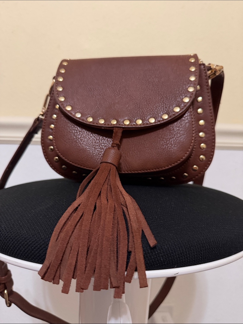 Madison West Brown Studded Tassel Crossbody Bag